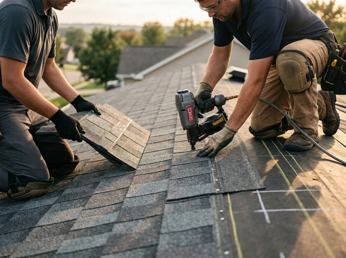 Professional roofer working on a residential roof in Fredonia